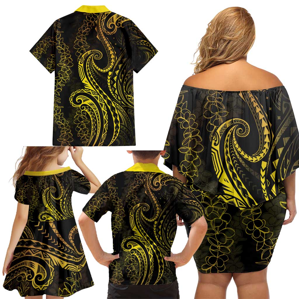 Polynesia Plumeria Lei Family Matching Off Shoulder Short Dress and Hawaiian Shirt Black Gold Curves Motif