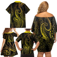 Polynesia Plumeria Lei Family Matching Off Shoulder Short Dress and Hawaiian Shirt Black Gold Curves Motif