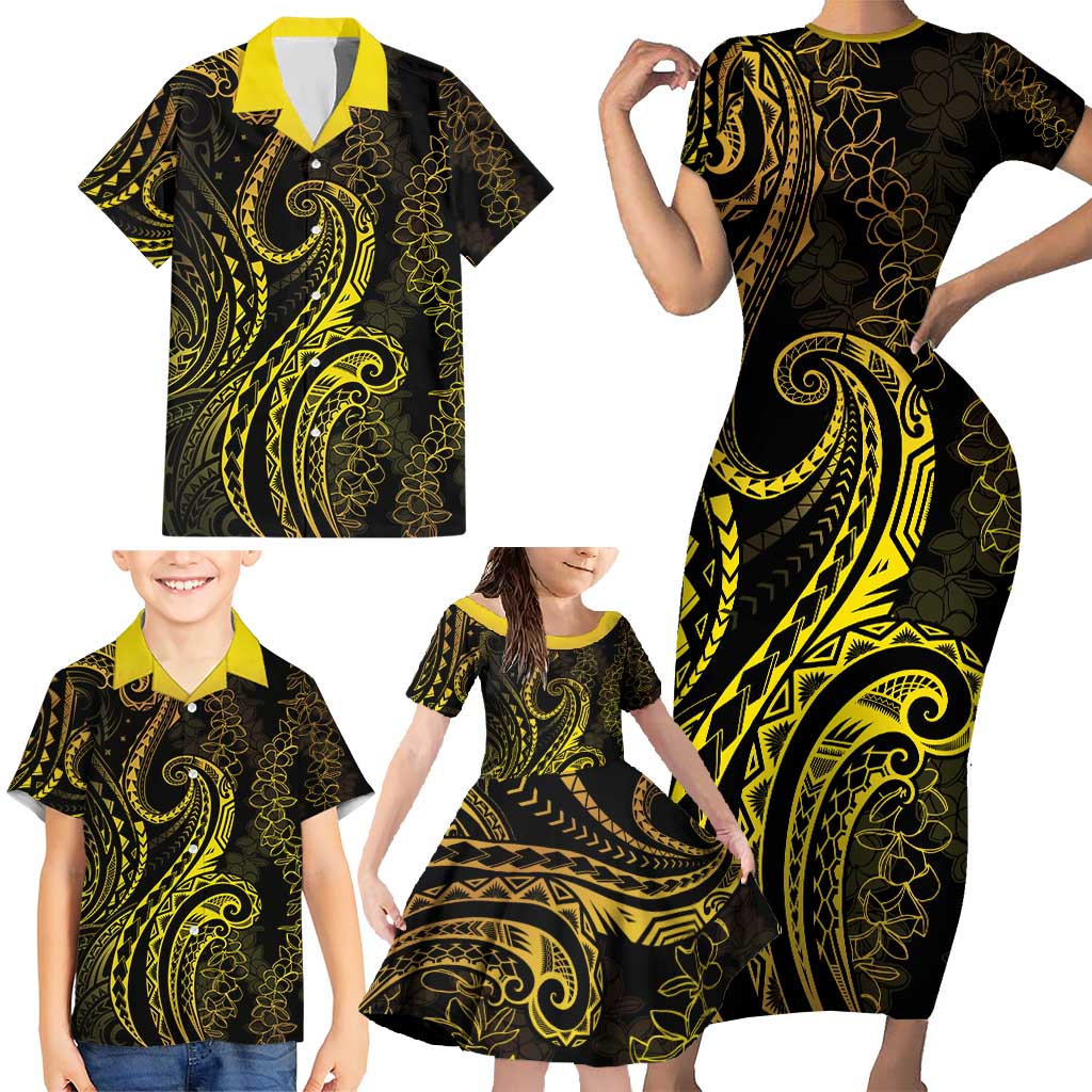 Polynesia Plumeria Lei Family Matching Short Sleeve Bodycon Dress and Hawaiian Shirt Black Gold Curves Motif