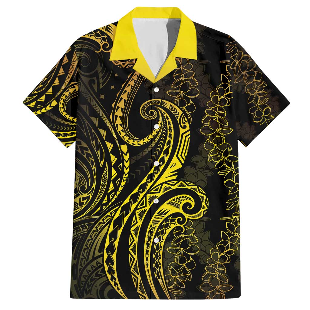 Polynesia Plumeria Lei Family Matching Short Sleeve Bodycon Dress and Hawaiian Shirt Black Gold Curves Motif