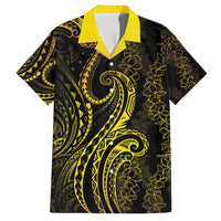 Polynesia Plumeria Lei Family Matching Short Sleeve Bodycon Dress and Hawaiian Shirt Black Gold Curves Motif