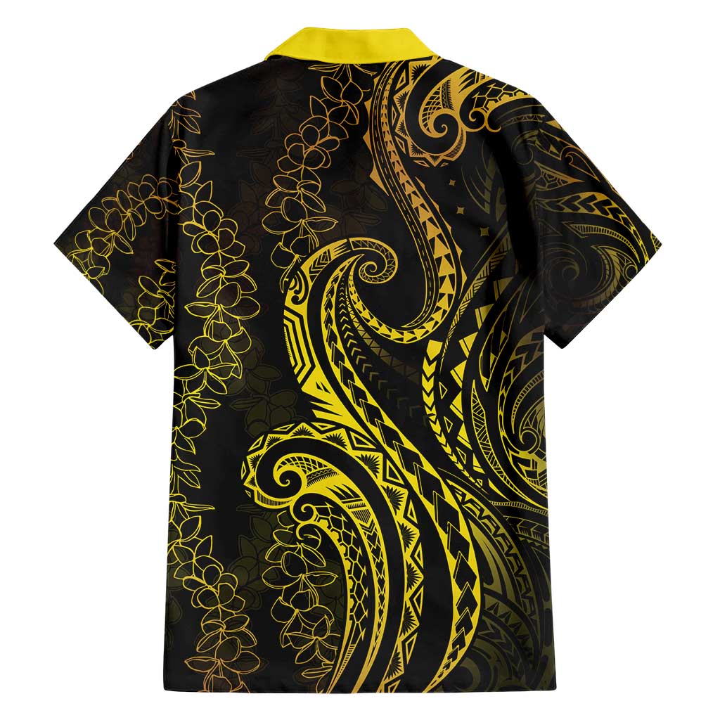 Polynesia Plumeria Lei Family Matching Short Sleeve Bodycon Dress and Hawaiian Shirt Black Gold Curves Motif