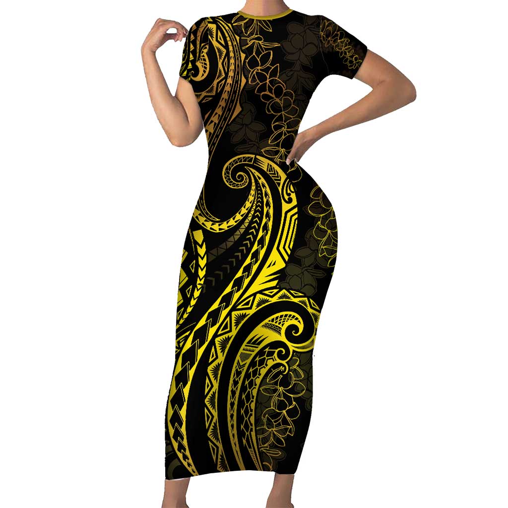 Polynesia Plumeria Lei Family Matching Short Sleeve Bodycon Dress and Hawaiian Shirt Black Gold Curves Motif