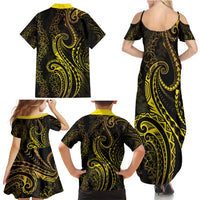 Polynesia Plumeria Lei Family Matching Summer Maxi Dress and Hawaiian Shirt Black Gold Curves Motif