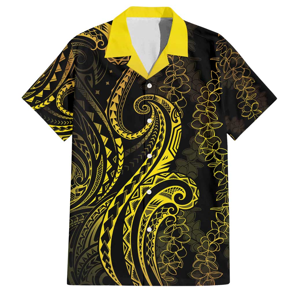Polynesia Plumeria Lei Family Matching Tank Maxi Dress and Hawaiian Shirt Black Gold Curves Motif