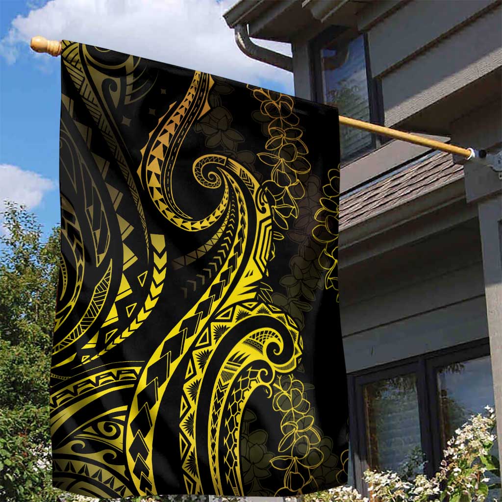 Polynesia Plumeria Lei Garden Flag Black Gold Curves Motif