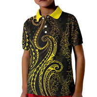 Polynesia Plumeria Lei Kid Polo Shirt Black Gold Curves Motif LT7 Kid Gold - Polynesian Pride