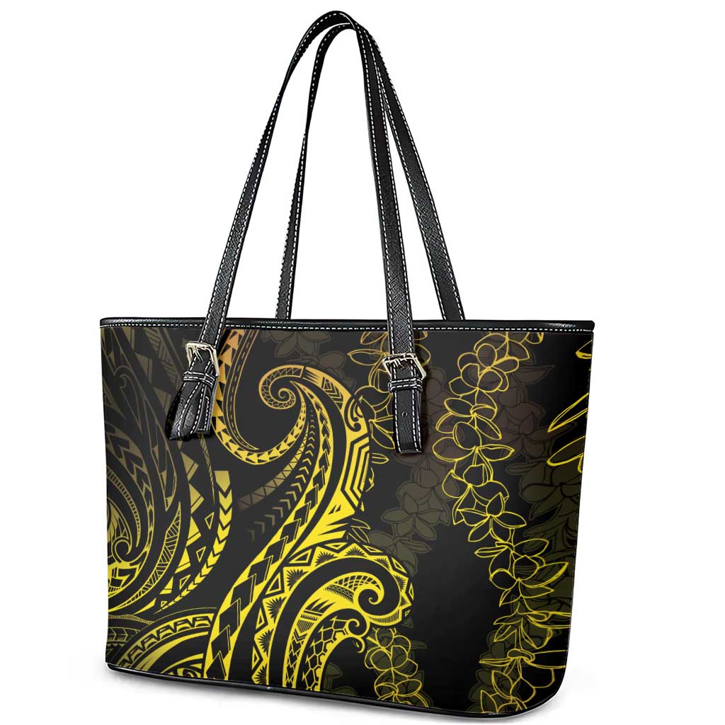 Polynesia Plumeria Lei Leather Tote Bag Black Gold Curves Motif