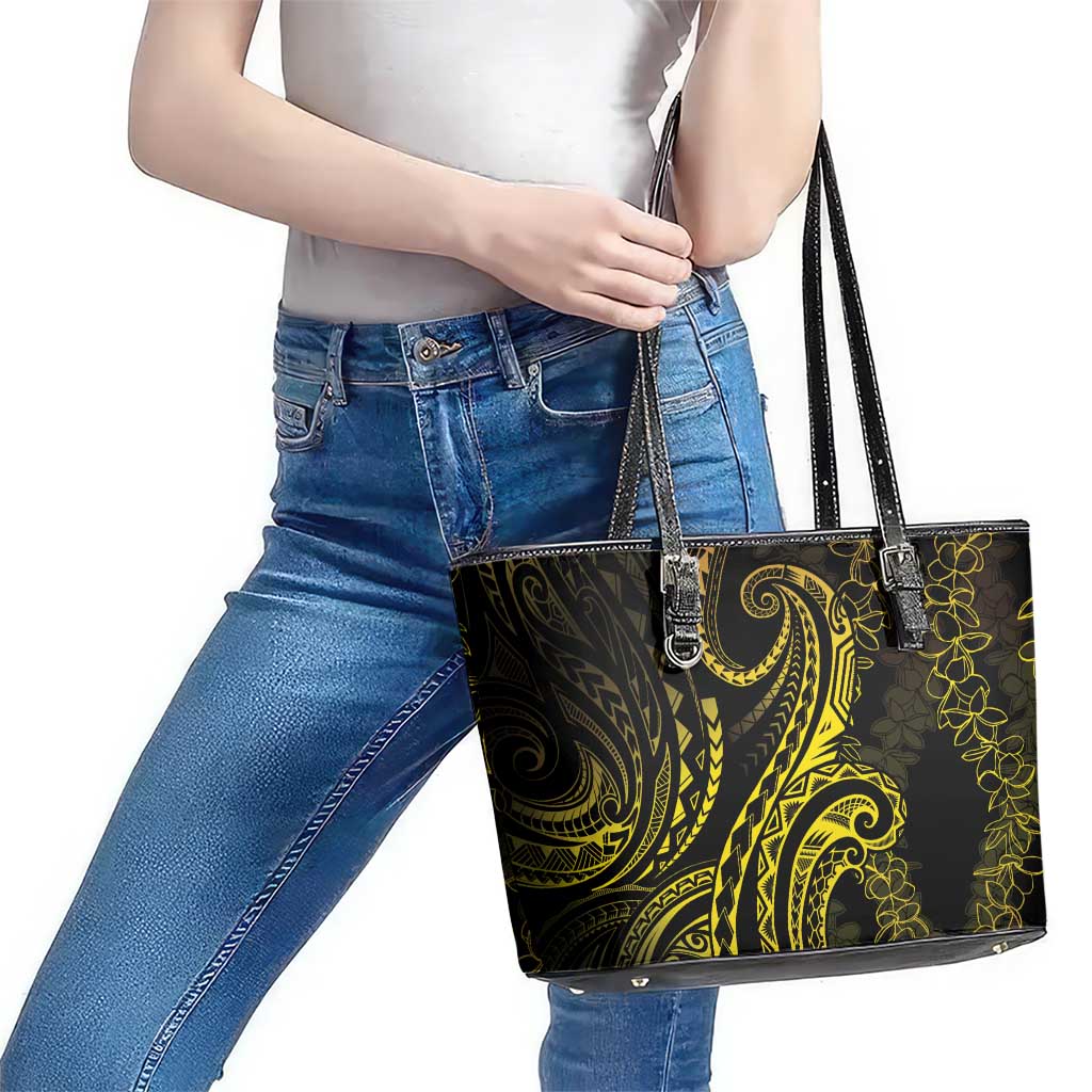 Polynesia Plumeria Lei Leather Tote Bag Black Gold Curves Motif