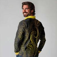Polynesia Plumeria Lei Long Sleeve Polo Shirt Black Gold Curves Motif