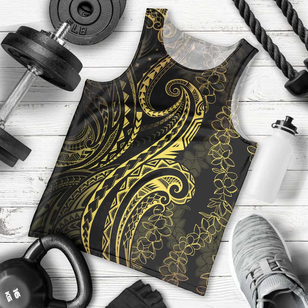 Polynesia Plumeria Lei Men Tank Top Black Gold Curves Motif