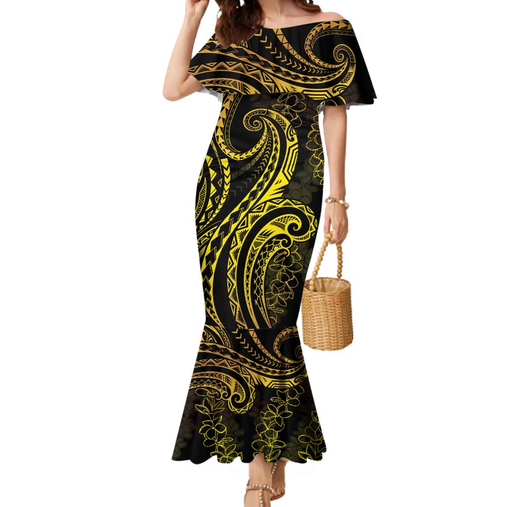 Polynesia Plumeria Lei Mermaid Dress Black Gold Curves Motif