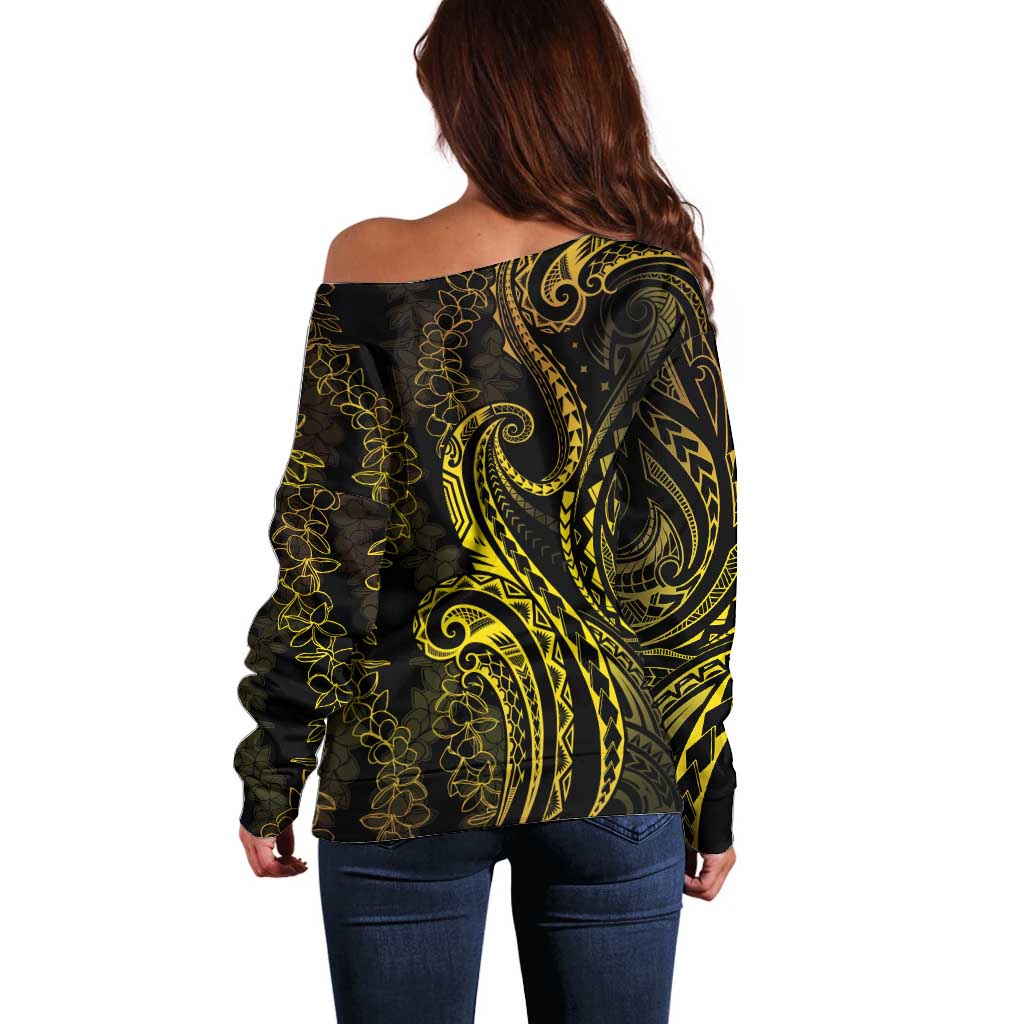 Polynesia Plumeria Lei Off Shoulder Sweater Black Gold Curves Motif