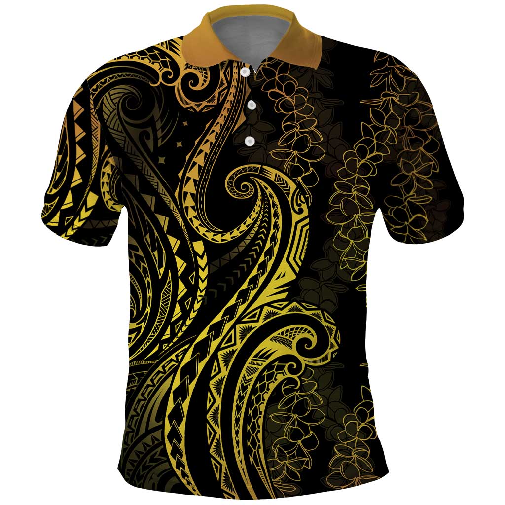Polynesia Plumeria Lei Polo Shirt Black Gold Curves Motif LT7 Gold - Polynesian Pride