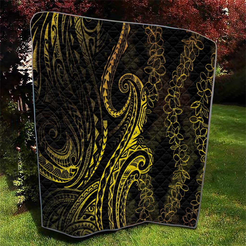 Polynesia Plumeria Lei Quilt Black Gold Curves Motif