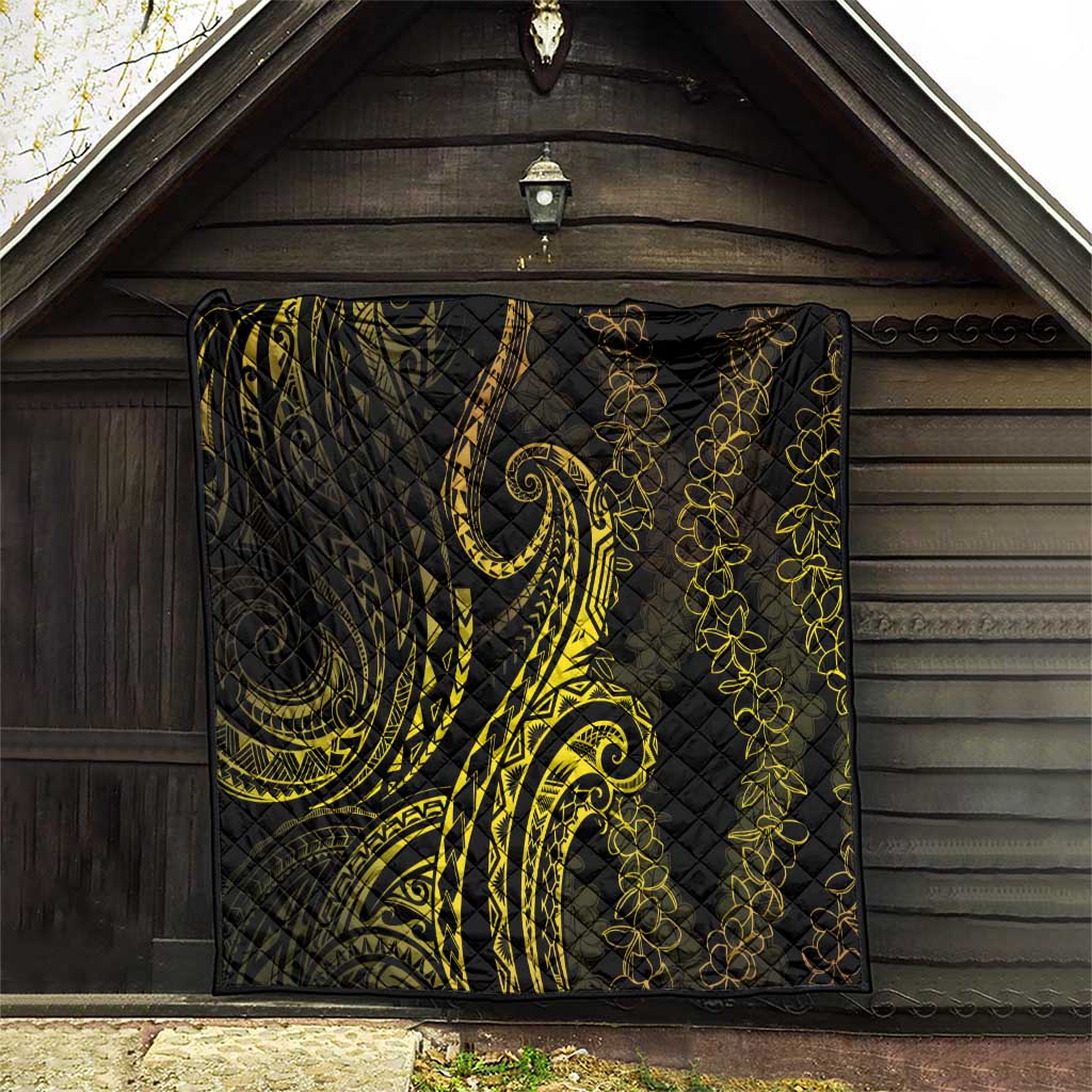 Polynesia Plumeria Lei Quilt Black Gold Curves Motif