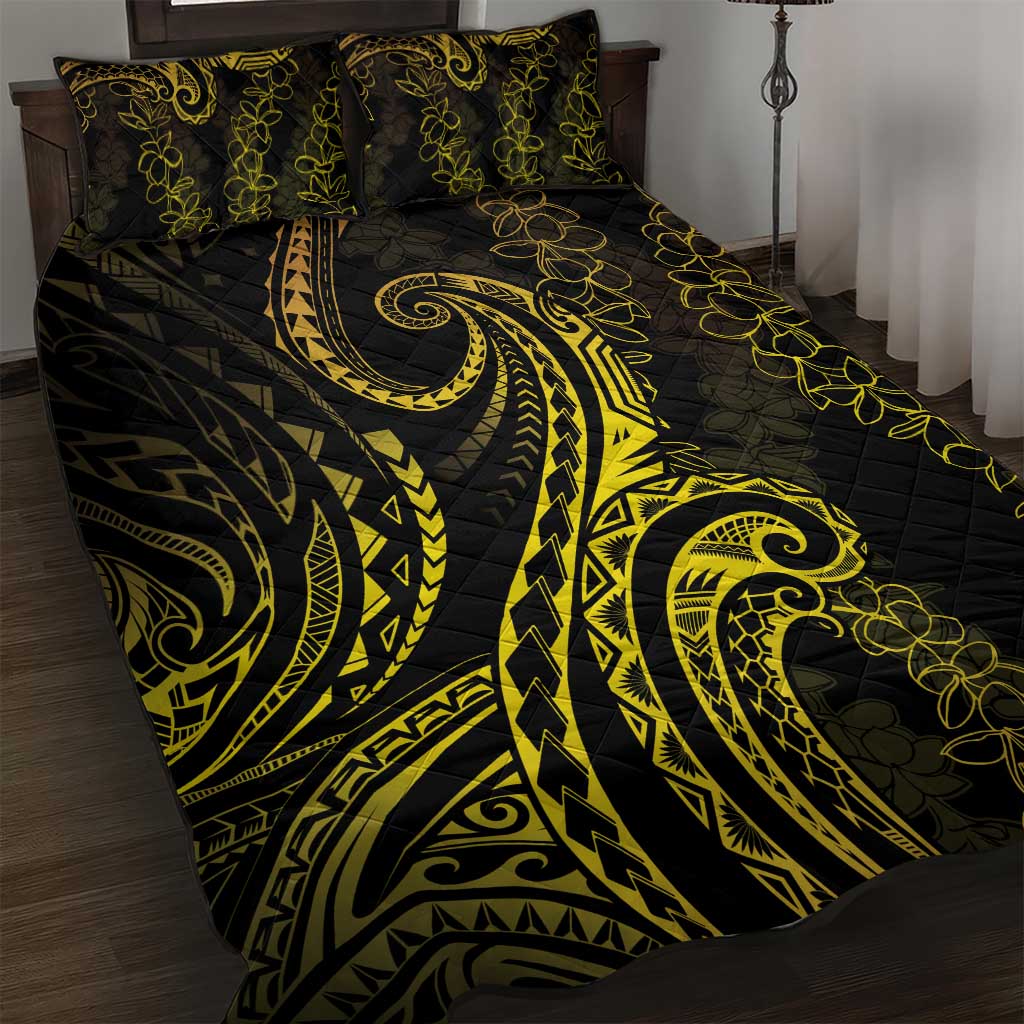 Polynesia Plumeria Lei Quilt Bed Set Black Gold Curves Motif