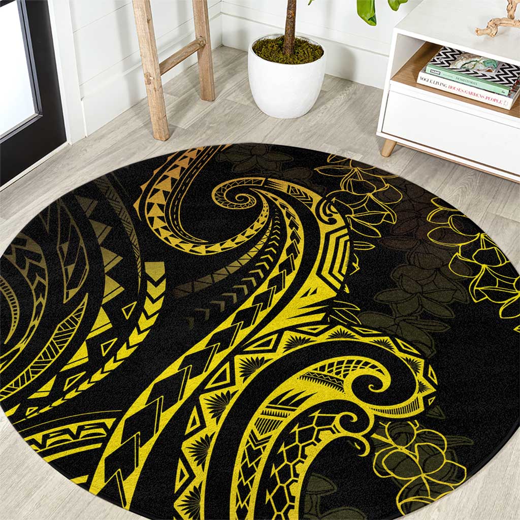 Polynesia Plumeria Lei Round Carpet Black Gold Curves Motif