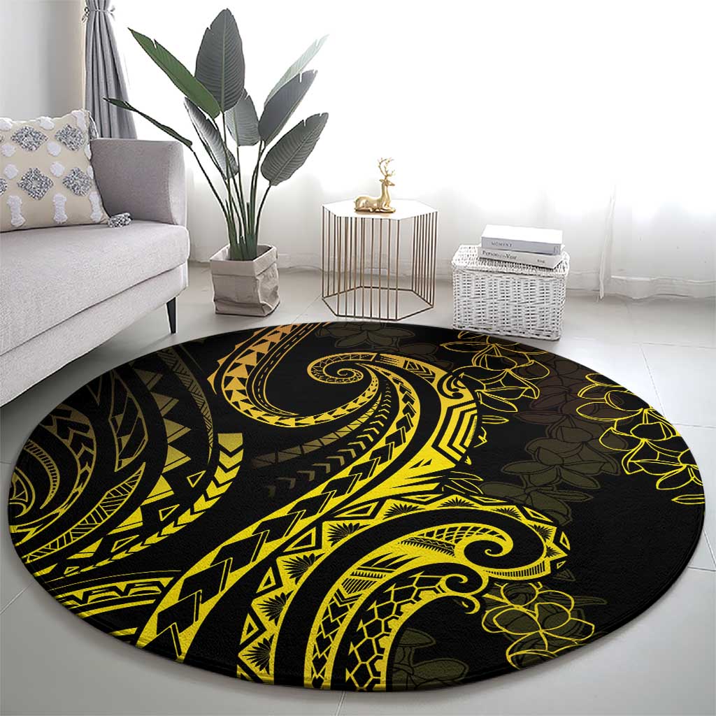 Polynesia Plumeria Lei Round Carpet Black Gold Curves Motif