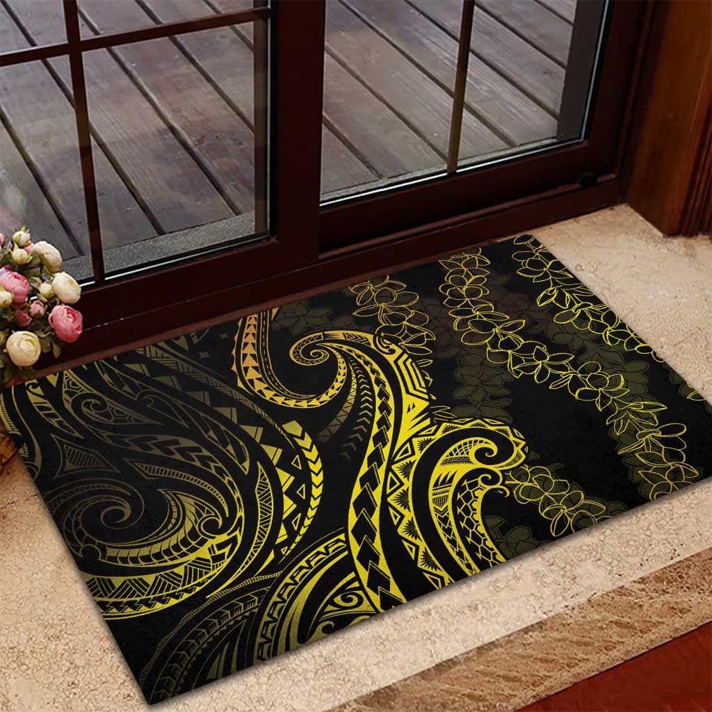 Polynesia Plumeria Lei Rubber Doormat Black Gold Curves Motif