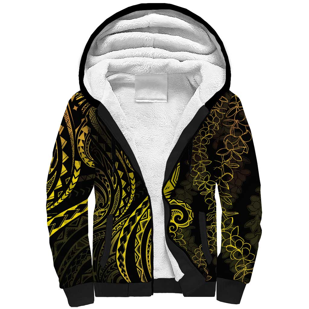 Polynesia Plumeria Lei Sherpa Hoodie Black Gold Curves Motif
