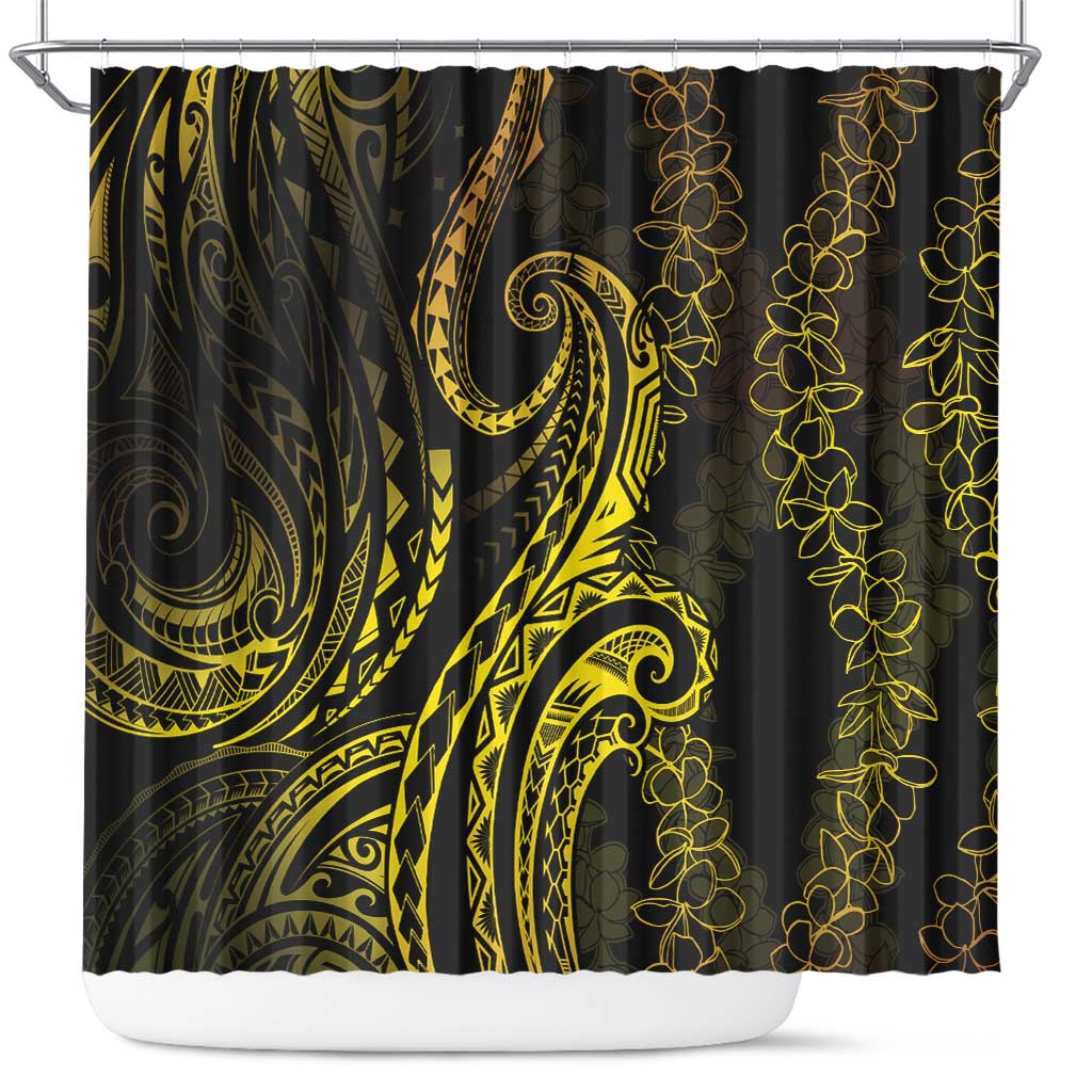 Polynesia Plumeria Lei Shower Curtain Black Gold Curves Motif
