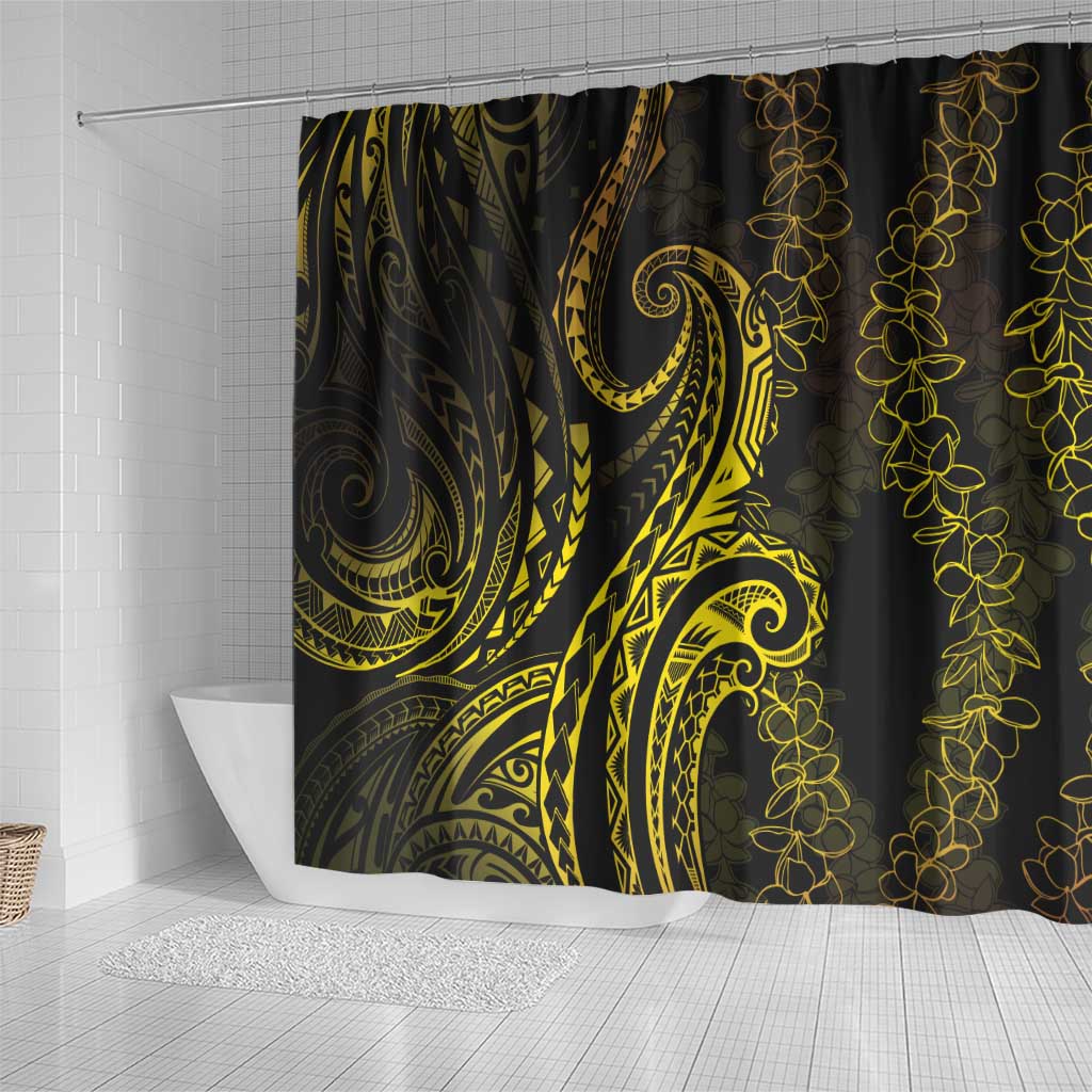 Polynesia Plumeria Lei Shower Curtain Black Gold Curves Motif