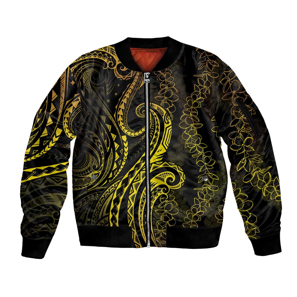 Polynesia Plumeria Lei Sleeve Zip Bomber Jacket Black Gold Curves Motif