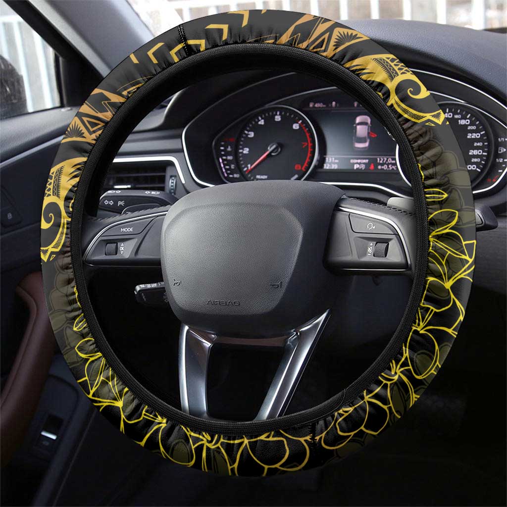 Polynesia Plumeria Lei Steering Wheel Cover Black Gold Curves Motif