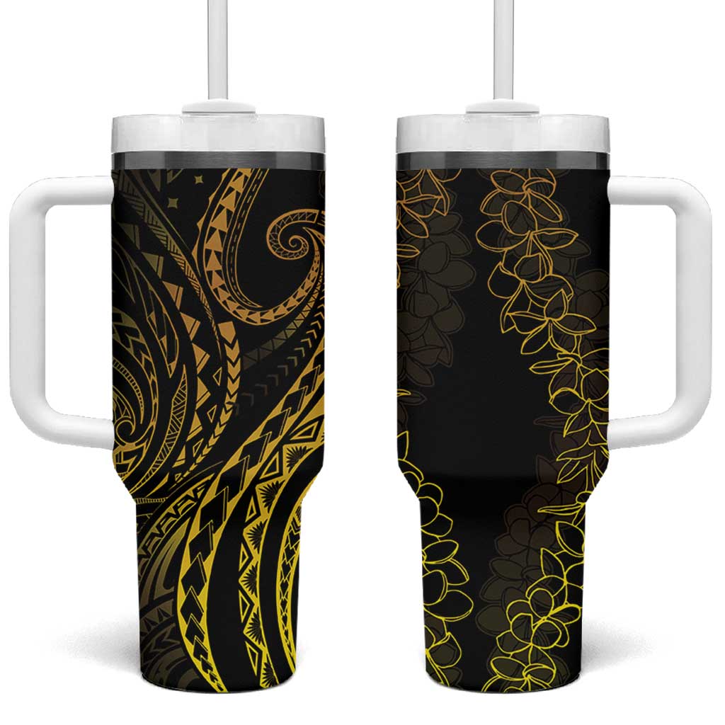 Polynesia Plumeria Lei Tumbler With Handle Black Gold Curves Motif