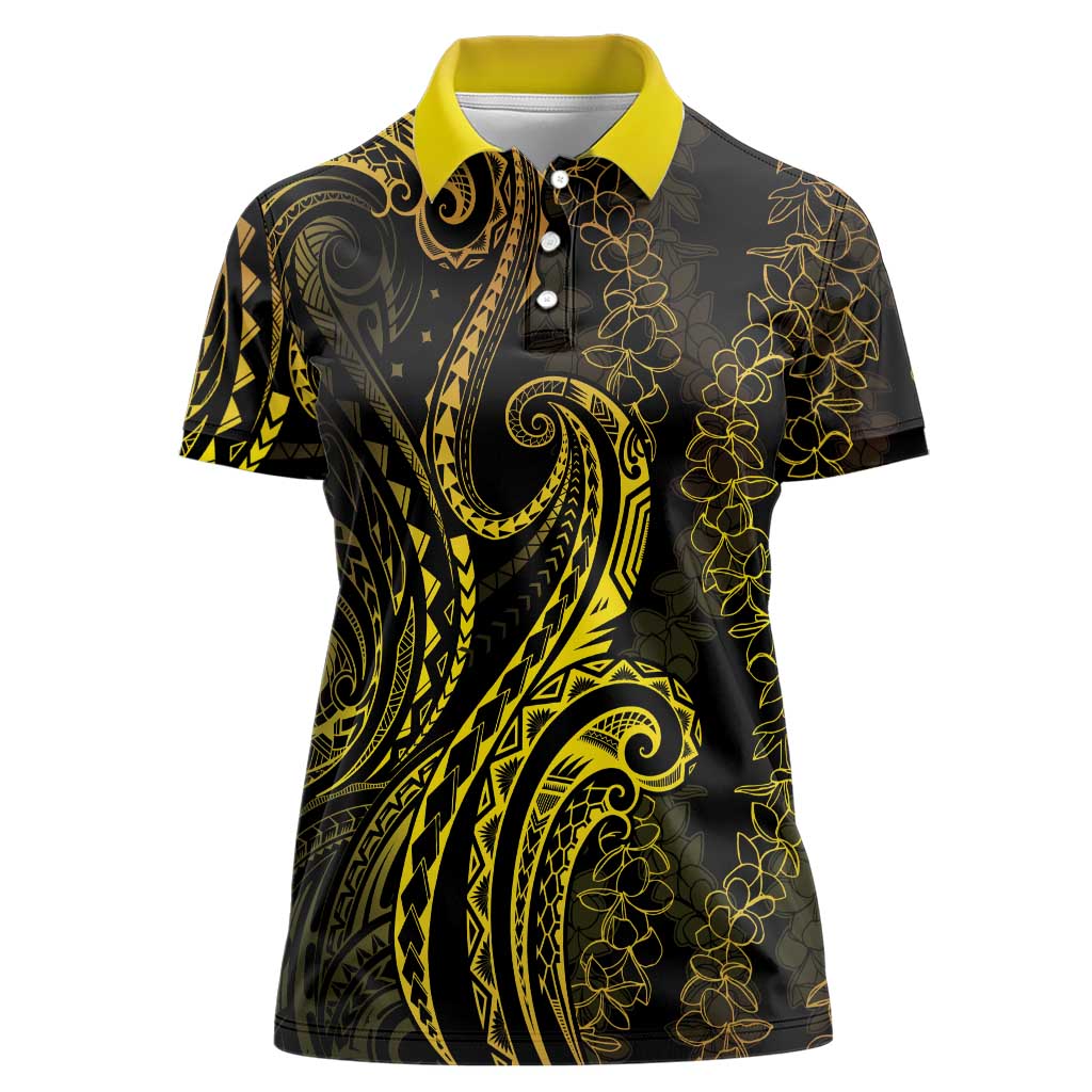 Polynesia Plumeria Lei Women Polo Shirt Black Gold Curves Motif