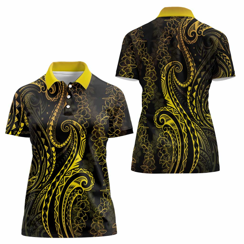 Polynesia Plumeria Lei Women Polo Shirt Black Gold Curves Motif
