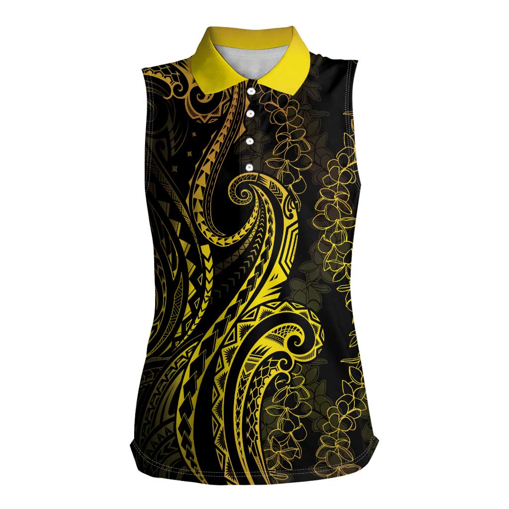 Polynesia Plumeria Lei Women Sleeveless Polo Shirt Black Gold Curves Motif LT7 Female Gold - Polynesian Pride
