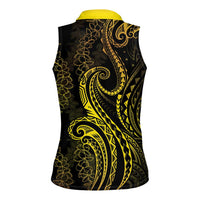 Polynesia Plumeria Lei Women Sleeveless Polo Shirt Black Gold Curves Motif LT7 - Polynesian Pride