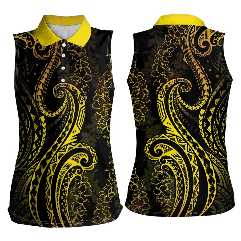 Polynesia Plumeria Lei Women Sleeveless Polo Shirt Black Gold Curves Motif LT7 - Polynesian Pride
