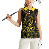 Polynesia Plumeria Lei Women Sleeveless Polo Shirt Black Gold Curves Motif LT7 - Polynesian Pride