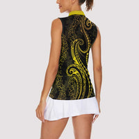 Polynesia Plumeria Lei Women Sleeveless Polo Shirt Black Gold Curves Motif LT7 - Polynesian Pride