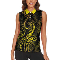 Polynesia Plumeria Lei Women Sleeveless Polo Shirt Black Gold Curves Motif LT7 - Polynesian Pride