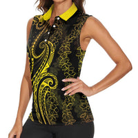 Polynesia Plumeria Lei Women Sleeveless Polo Shirt Black Gold Curves Motif LT7 - Polynesian Pride