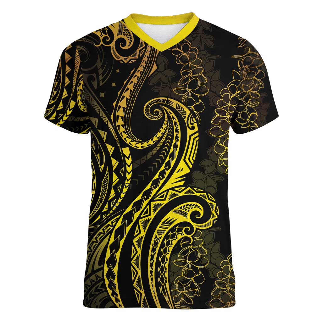 Polynesia Plumeria Lei Women V-Neck T-Shirt Black Gold Curves Motif LT7 Female Gold - Polynesian Pride