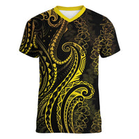 Polynesia Plumeria Lei Women V-Neck T-Shirt Black Gold Curves Motif LT7 Female Gold - Polynesian Pride