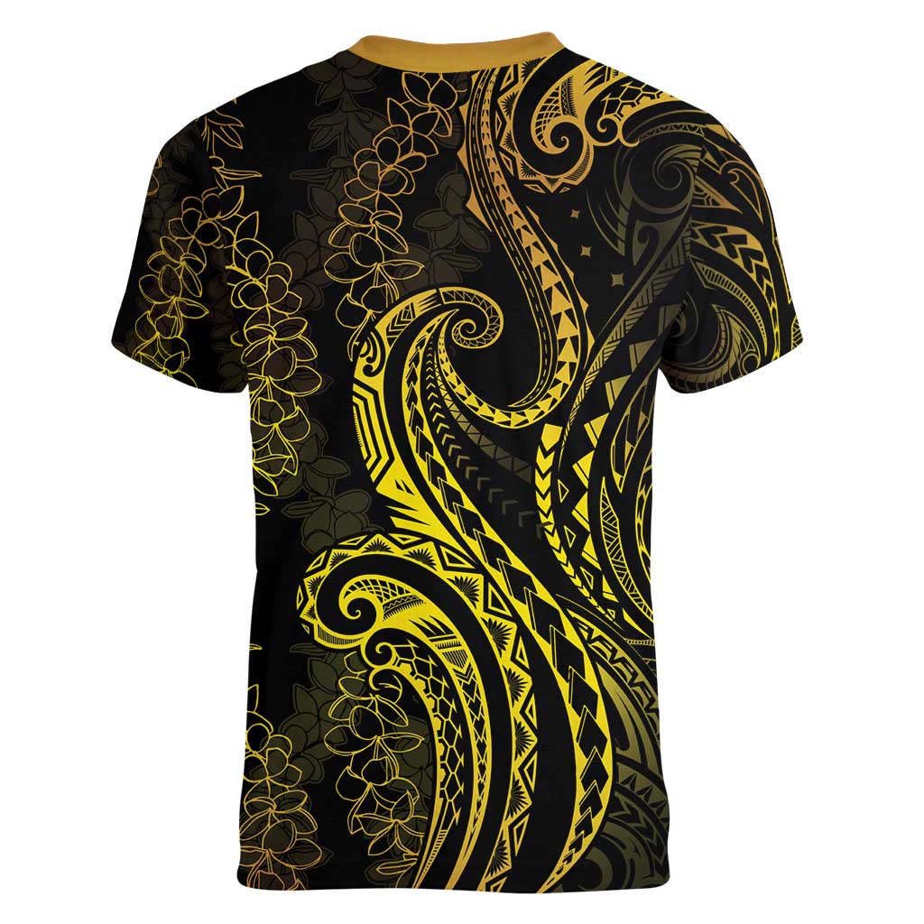 Polynesia Plumeria Lei Women V-Neck T-Shirt Black Gold Curves Motif LT7 - Polynesian Pride