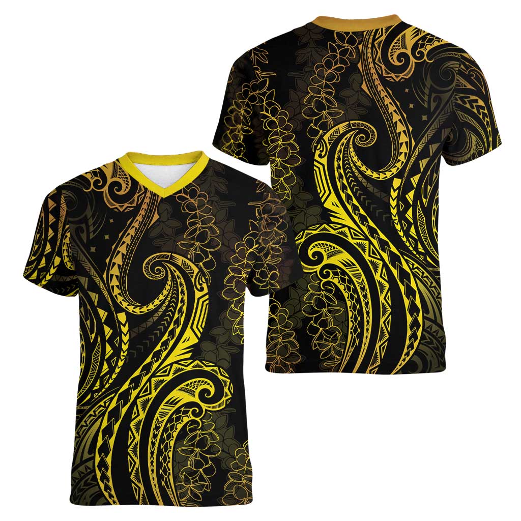 Polynesia Plumeria Lei Women V-Neck T-Shirt Black Gold Curves Motif LT7 - Polynesian Pride