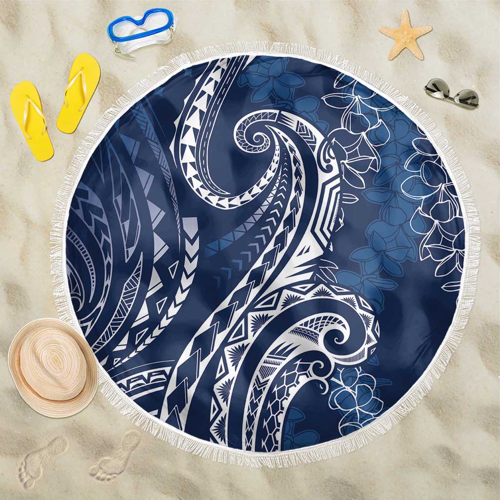Polynesia Plumeria Lei Beach Blanket Navy Blue Curves Motif
