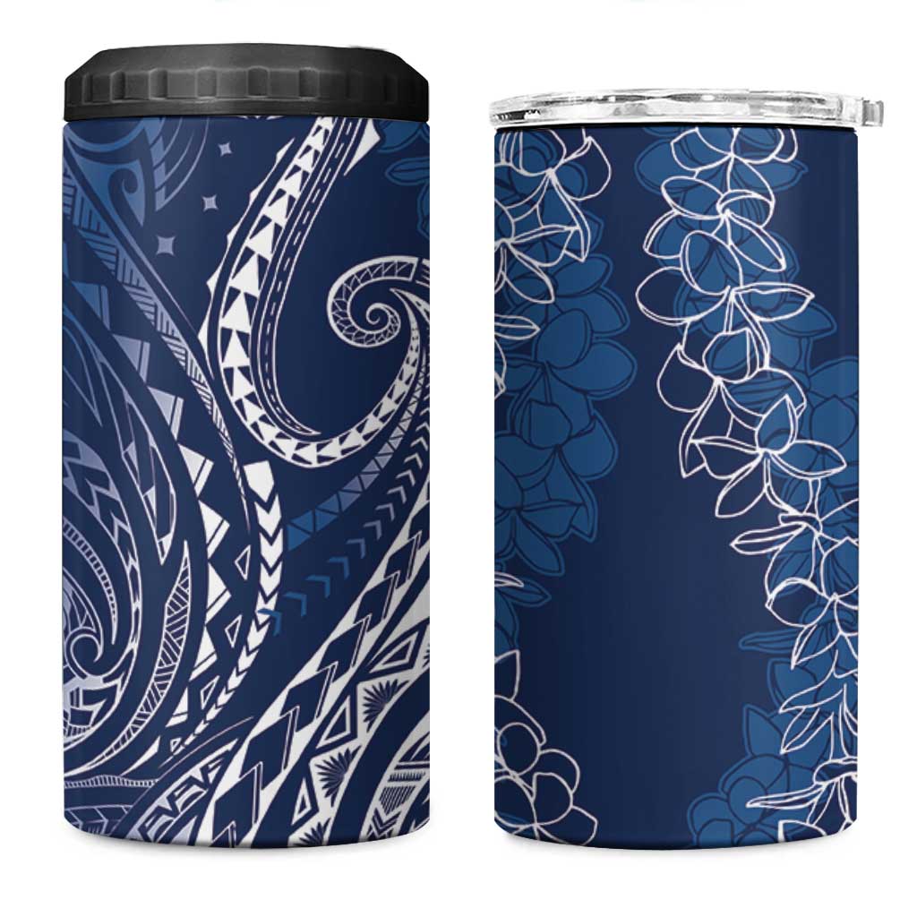 Polynesia Plumeria Lei 4 in 1 Can Cooler Tumbler Navy Blue Curves Motif
