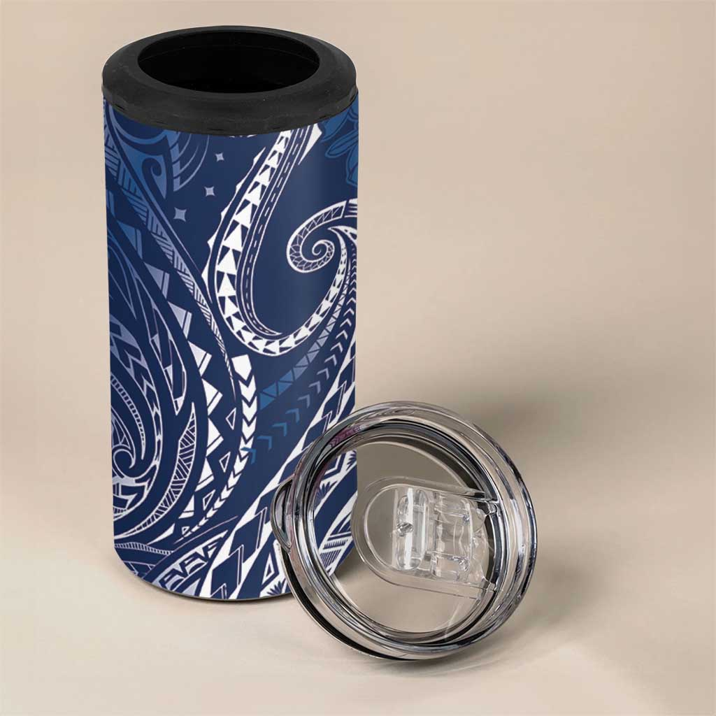 Polynesia Plumeria Lei 4 in 1 Can Cooler Tumbler Navy Blue Curves Motif