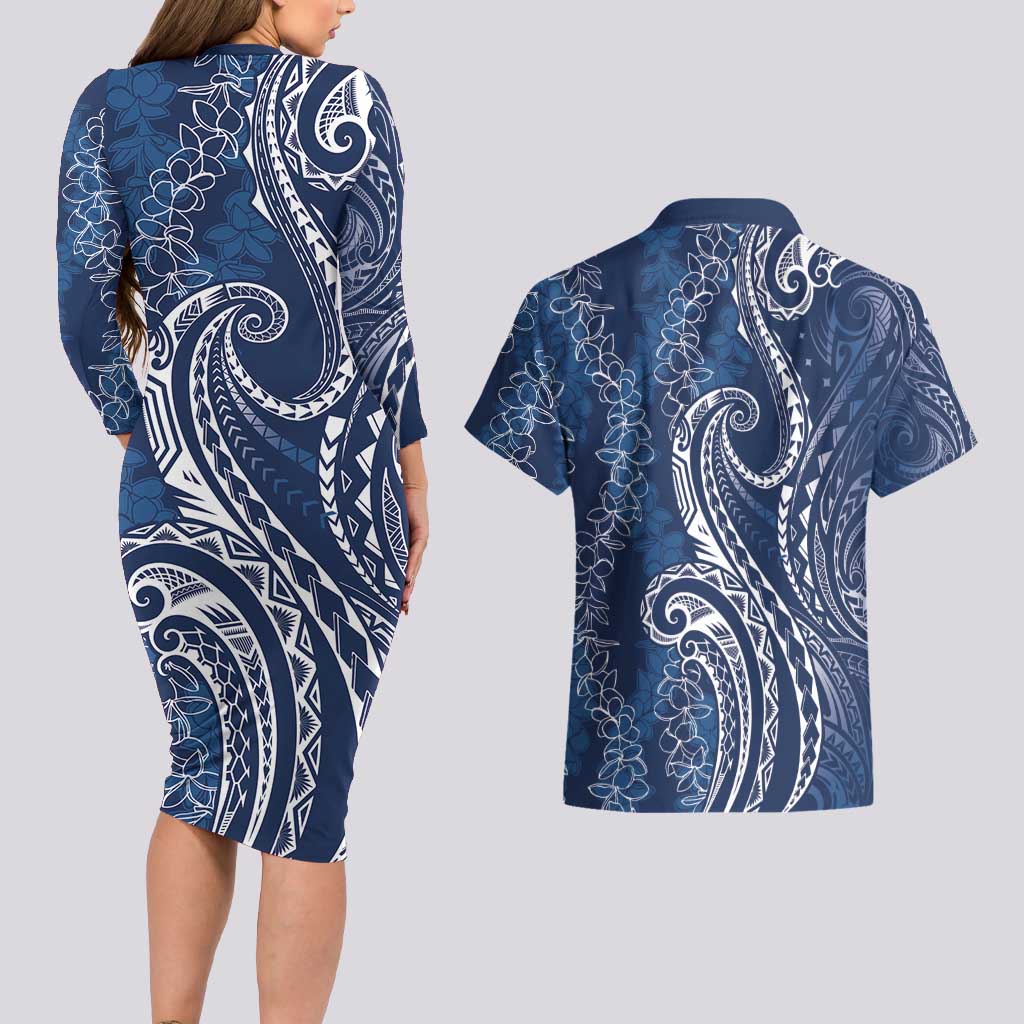 Polynesia Plumeria Lei Couples Matching Long Sleeve Bodycon Dress and Hawaiian Shirt Navy Blue Curves Motif