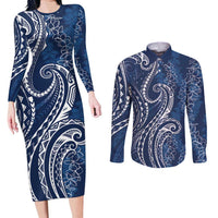 Polynesia Plumeria Lei Couples Matching Long Sleeve Bodycon Dress and Long Sleeve Button Shirt Navy Blue Curves Motif