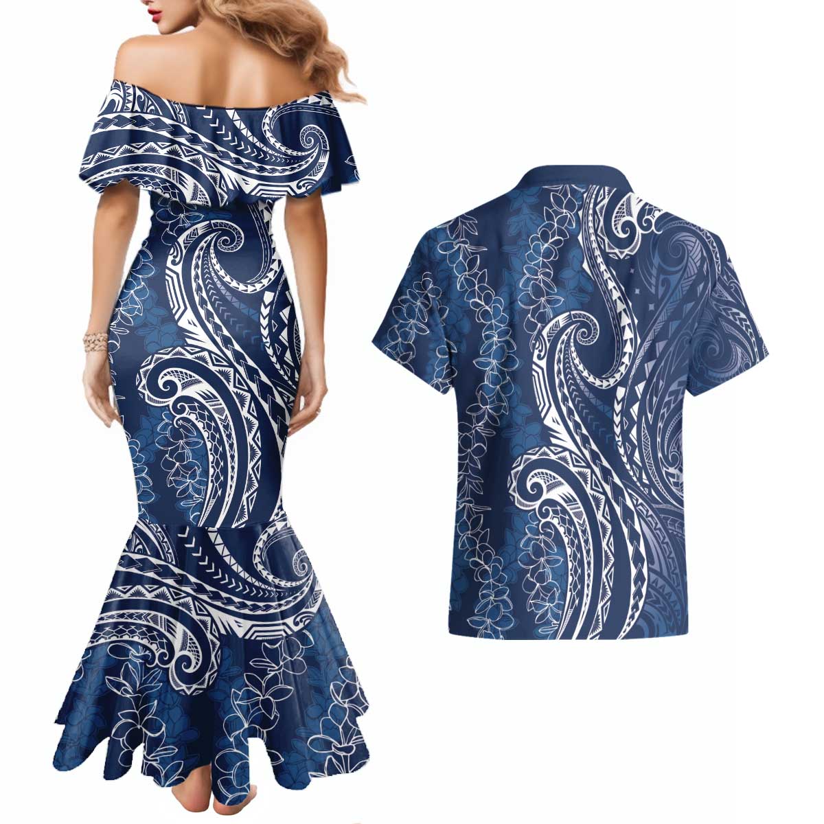 Polynesia Plumeria Lei Couples Matching Mermaid Dress and Hawaiian Shirt Navy Blue Curves Motif