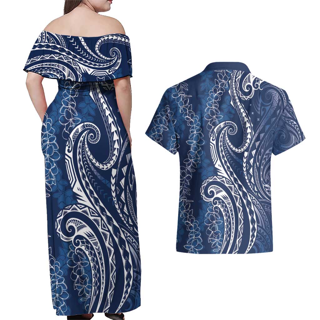 Polynesia Plumeria Lei Couples Matching Off Shoulder Maxi Dress and Hawaiian Shirt Navy Blue Curves Motif